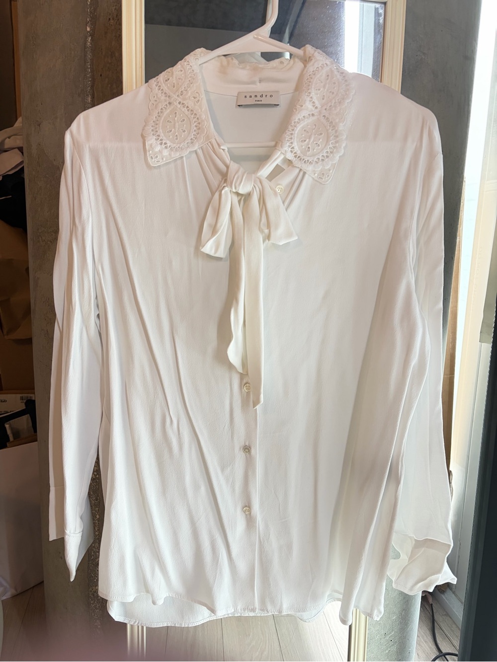Sandro White Bow-Tie Blouse with Lace Collar